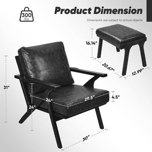 English Elm Mid-Century PU Leather Accent Chair with Ottoman — Ergonomic Thick Upholstery, Flared Legs, Durable Comfort Black T3950P397487