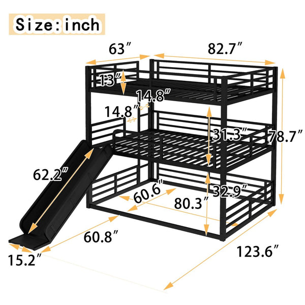 English Elm Queen Metal Triple Bunk Bed With Slide - Space-Saving, Heavy-Duty Design, Safety Guardrails In Black W1580S00172-GIGA