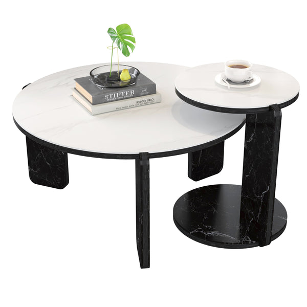 English Elm Set of 2 Round Sintered Stone Nesting Tables Sleek Modern Accent for Living Rooms W2899P405896