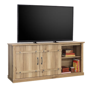 English Elm Credenza, Rustic 70" TV Stand with Sliding Barn Doors, Adjustable Shelves, Cord Management, 62" White Oak B356P354429