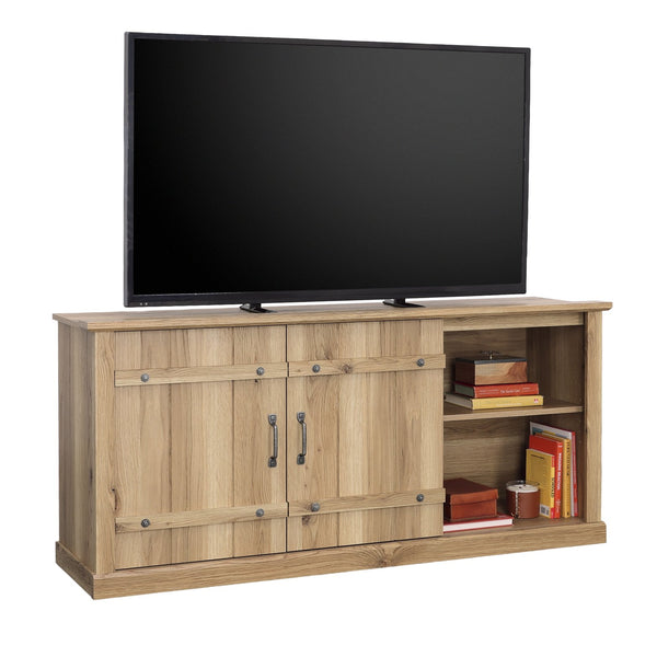 English Elm Credenza, Rustic 70" TV Stand with Sliding Barn Doors, Adjustable Shelves, Cord Management, 62" White Oak B356P354429