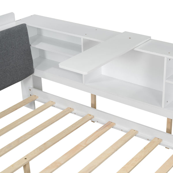 English Elm Wood Full Size platform bed with storage headboard, built-in shelves and drawers, sturdy pine frame, compact solution for small rooms White GX002054AAK