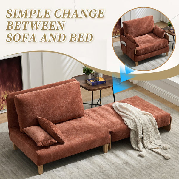 English Elm Foldable mid-century sleeper sofa bed recliner 3-in-1 convertible for small spaces with pillows and storage Orange W395P290558