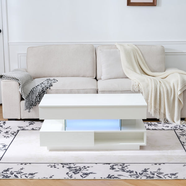 English Elm 39.3" Lift Top Coffee Table with Hidden Storage, 2 Drawers, Adjustable LED Ambience Lights and Durable Lift Mechanism White W3871P368909