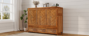 English Elm Queen Murphy Cabinet Bed Pine Wood Geometric Panels Usb Charging Guest Room Storage W504S00303