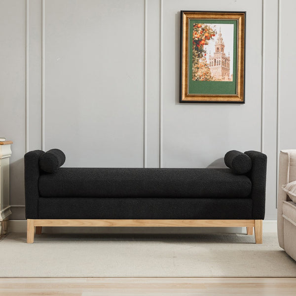 English Elm 66.34"W Elegant Upholstered Bench & Daybed, Soft Black Boucle, Natural Wood Legs & Bolster Pillows W3188S00019