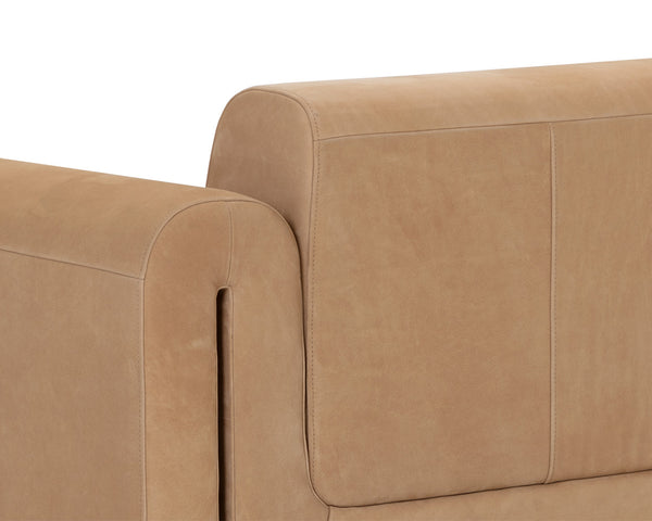Sunpan Romer Sofa - Luxurious Nubuck Tan Leather with Distressed Brown Oak Legs for Cozy Living Spaces