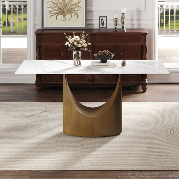 English Elm 63" Modern Dining Table With Durable Sintered Stone Top & Sturdy Bronze Iron Legs For 6-8 People W1535S00548