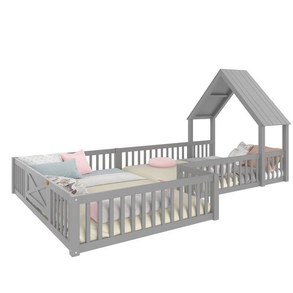 English Elm Full House Floor Bed with Door and Guardrails for Kids, Solid Wood Double Full, Safe Play Nook Grey W1580P354640