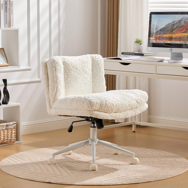 English Elm W26.4 Plush faux alpaca wide seat office chair with double cushion, 360° swivel, ergonomic chic design Cream W1143P369105