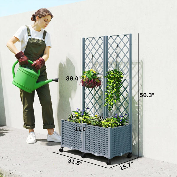 English Elm Mobile Rolling Planter Box with Trellis Self Watering Wicker Style Patio Garden Bed Gray T3971P467076