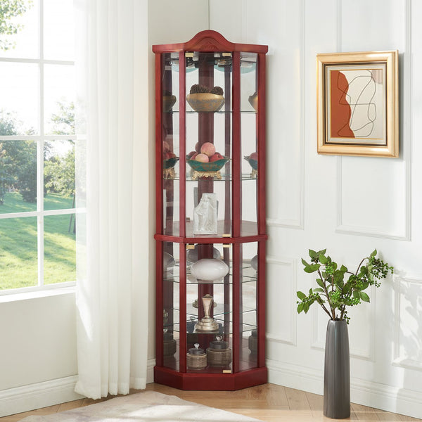 English Elm Lighted Glass Display Cabinet - Elegant Corner Curio With Adjustable Shelves & Integrated Lighting W1758P300136