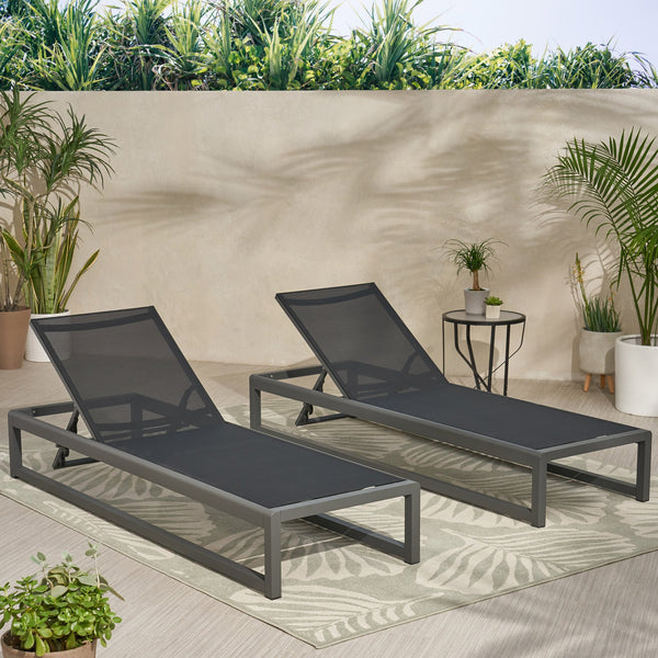 English Elm Christopher Knight Home® - MODESTA Chaise Lounge Set with Rust‑Resistant Aluminum Frame, Breathable Mesh, 5‑Position Adjustable Comfort Black+Grey 62397.00BLKMP2