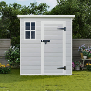English Elm 6x6 Ft Resin Outdoor Storage Shed with Floor Lockable Doors Window and Vents W1598S00017