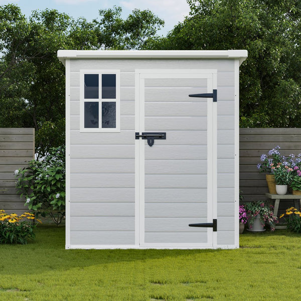 English Elm 6x6 Ft Resin Outdoor Storage Shed with Floor Lockable Doors Window and Vents W1598S00017