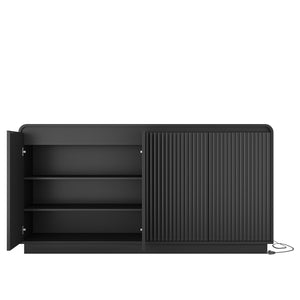 English Elm Black Fluted Wave Door Media Console with Built-in Power Outlet and Adjustable Shelving Black W409P452057