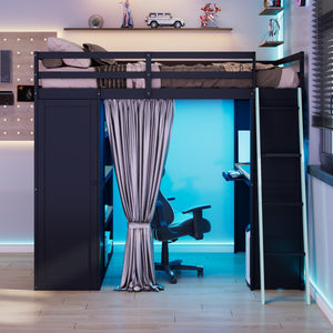 English Elm Full Size Wood Loft Bed with Wardrobe Desk Shelves Rgb Lighting and Blackout Curtains Black+Blue LT000269AAC-1