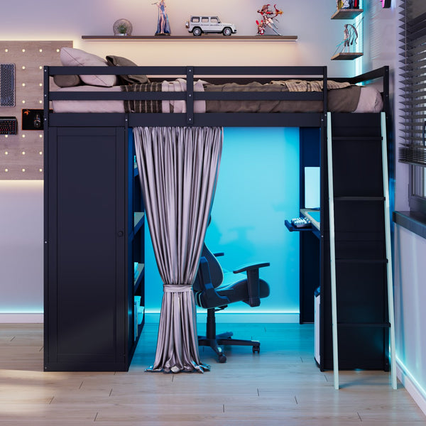 English Elm Full Size Wood Loft Bed with Wardrobe Desk Shelves Rgb Lighting and Blackout Curtains Black+Blue LT000269AAC-1