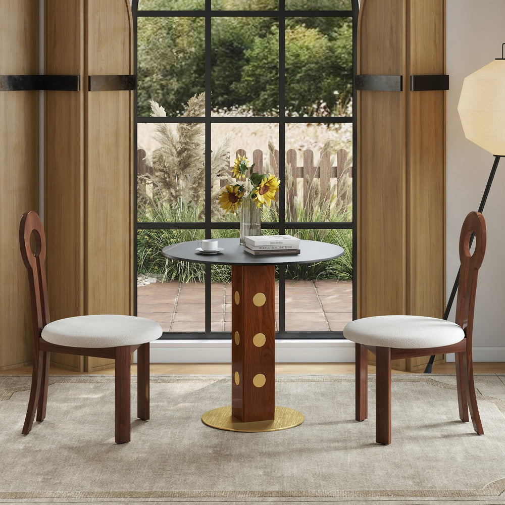 English Elm Modern Round Dining Table - 33.5" Sintered Stone Top, Wooden Legs & Gold Base, Perfect For Small Spaces W1535S00578