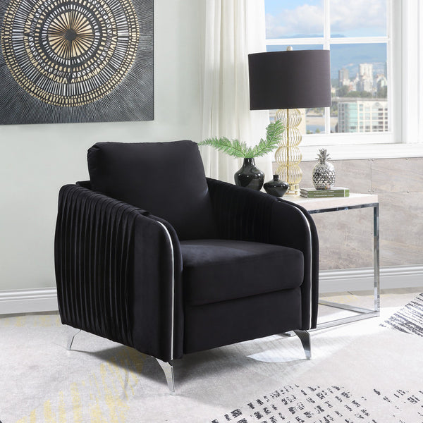 English Elm Hadriano Velvet Accent Chair Channel Quilted Chrome Legs Glam Living Room Seat Black B2749P413391