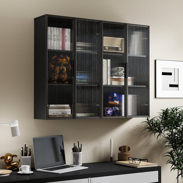 English Elm Wall Mounted Glass Door Cabinet Black Metal Frame Modern Storage for Bath or Kitchen W331P382347
