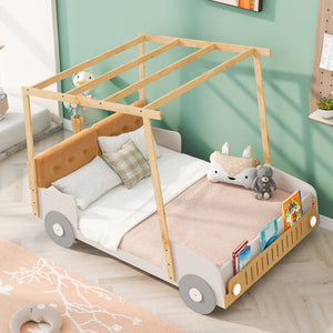 English Elm Wood Full Size Car Bed with LED Night Lights, Pine Frame, Imaginative Canopy & Cozy Pillow (Natural) WF309289AAM