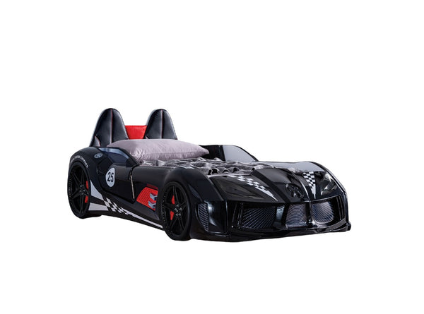 English Elm Modern Race Car Twin Bed with Led Lights Magnetic Doors and Leatherette Upholstery Black B2741S00910