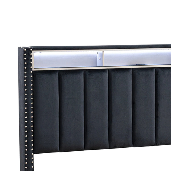 English Elm Beautiful Upholstered Full Bed with Led Lighting Storage Shelves and Channel Tufted Headboard Black B2741S00768