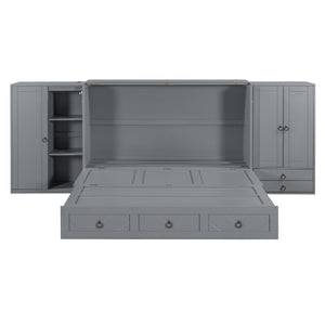 English Elm Queen Murphy Bed with Wardrobe Cabinets Built-in Usb Charging and Concealed Drawers Gray LP000590AAE