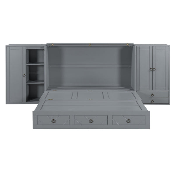 English Elm Queen Murphy Bed with Wardrobe Cabinets Built-in Usb Charging and Concealed Drawers Gray LP000590AAE
