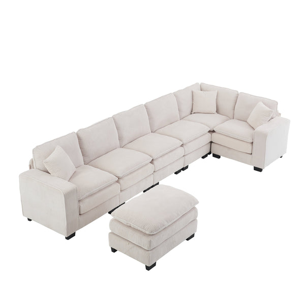 English Elm Modern U Shaped 6-Seat Sectional Sofa with Ottoman and 3 Toss Pillows, Corduroy Modular Comfort and Durable Frame White W2363S00039