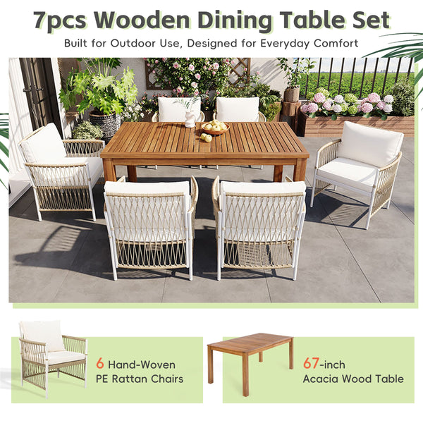English Elm Topmax Outdoor Acacia Wood Dining Set with Six Pe Wicker Arm Chairs for Backyard SP100033AAN