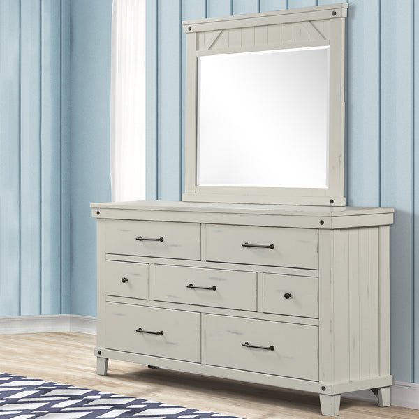 English Elm 7 7 Drawer Dresser White Solid Wood with Birch Veneer, 7 Drawers, Burnished Brass Hardware, Distressed Pine B2699P239135