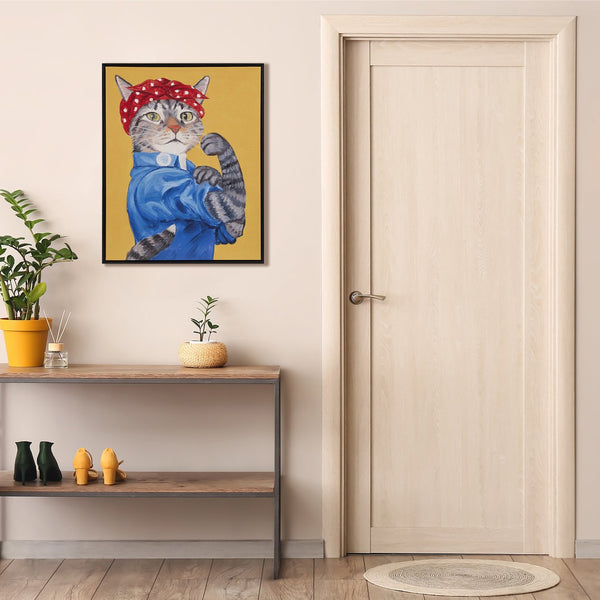 JLA Home Madison Park - Rosie Framed Canvas Wall Art by Carol Lew — Whimsical Denim-Clad Cat Portrait with Polka Dot Bandanna, Micro-Texture Embossing, Black Frame (16.5"x20.5") ID95C-0043