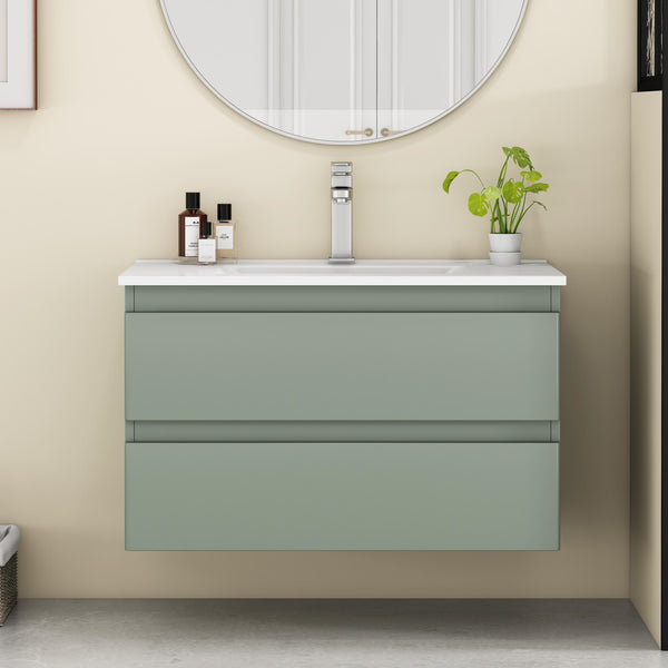 English Elm 32-Inch Wall-Mounted Bathroom Vanity With Integrated Ceramic Sink, Soft-Close Drawers & Modern Green Finish W3151S00044