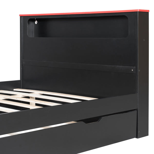 English Elm Full Size Wood Platform Daybed with Trundle Desk Rgb Led Lighting Gaming Bedroom Black+Red LT000284AAR