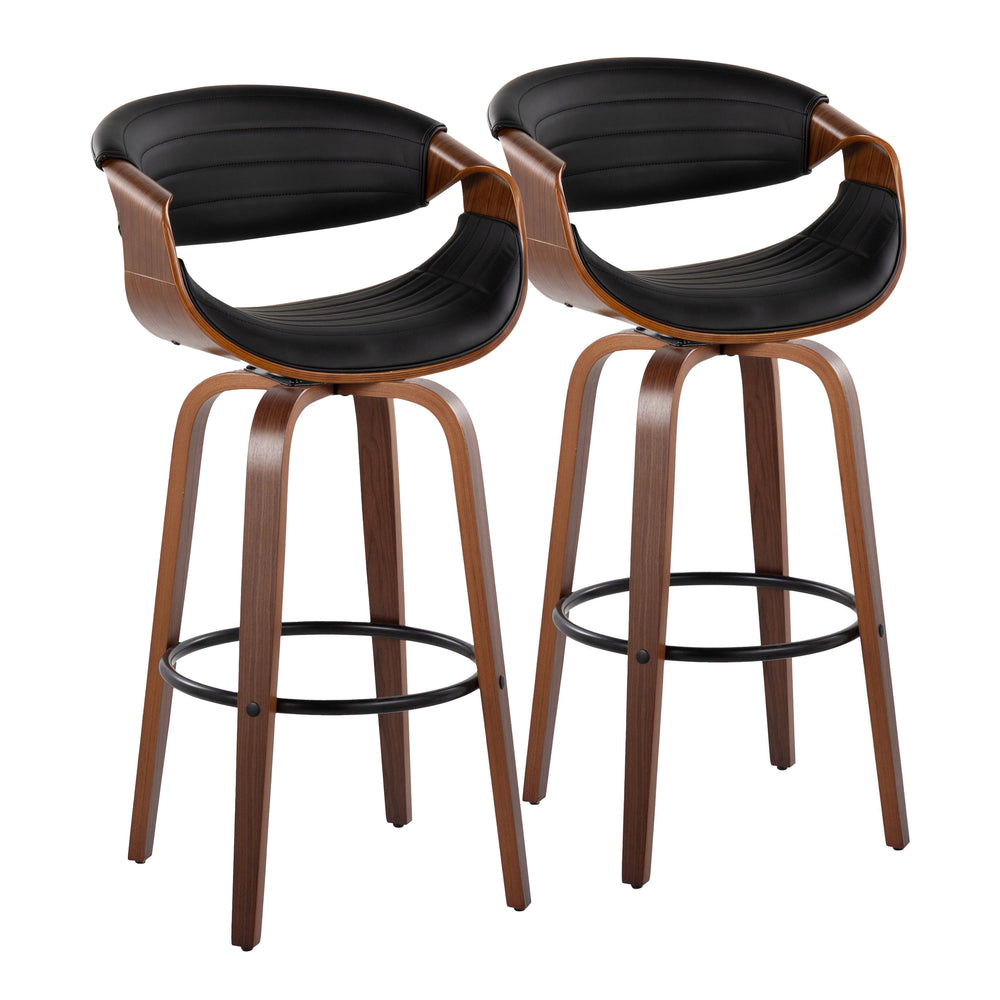 English Elm 30" Mid-century Swivel Barstool Walnut Bentwood Tufted Faux Leather Kitchen Pair B202S00646