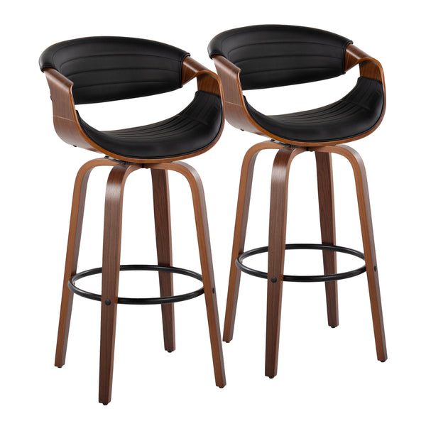 English Elm 30" Mid-century Swivel Barstool Walnut Bentwood Tufted Faux Leather Kitchen Pair B202S00646