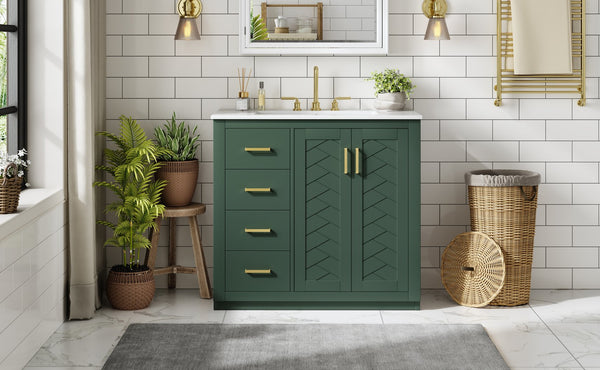 English Elm 36'' Bathroom Vanity with Ceramic Sink Combo, Solid Wood Frame, Soft-Close Drawers and Stylish Retro Groove Design Green N710P291684F