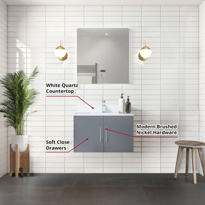 English Elm Dark Grey 30" Bath Vanity with White Quartz Top, Chrome Faucet & 30" LED Mirror — Scratch-Resist Durable B2731S01304