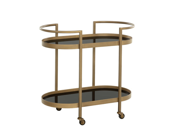 Sunpan BARTLETT Bar Cart - Elegant Antique Brass Frame with Black Mirrored Shelves for Stylish Entertaining 112317