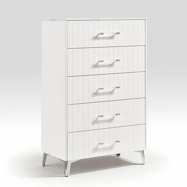 English Elm Glam White Five Drawer Chest Faux Marble Top Chrome Legs Bedroom Storage B011P443205