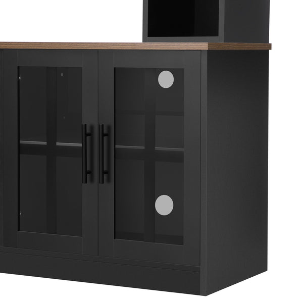 English Elm U-can Modern Farmhouse Wall Unit with Electric Fireplace Bookshelves and Glass Cabinet Doors Black+Brown SJ000153AAAB