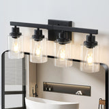 Rustic 4-Light Farmhouse Bathroom Vanity Sconce, Black Metal & Glass, Easy Install