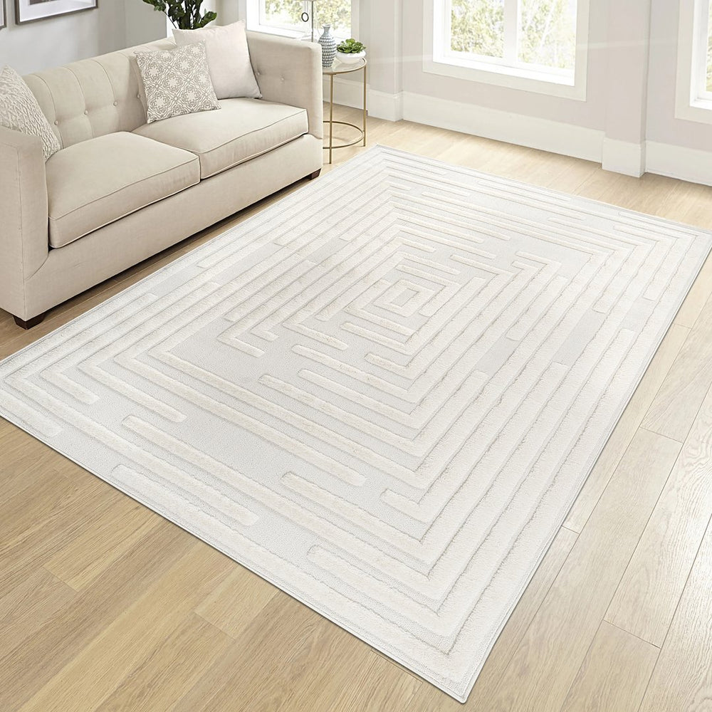 English Elm Step Collection Geometric High-low Polypropylene Rug for Living Room or Bedroom Cream B189P448805