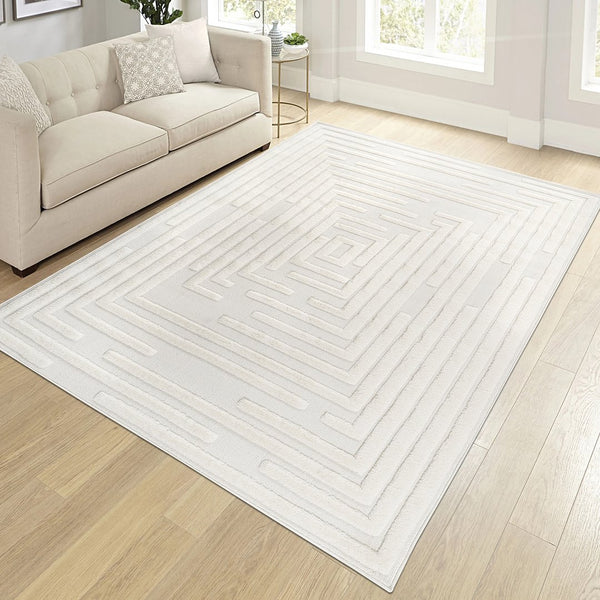 English Elm Step Collection Geometric High-low Polypropylene Rug for Living Room or Bedroom Cream B189P448805