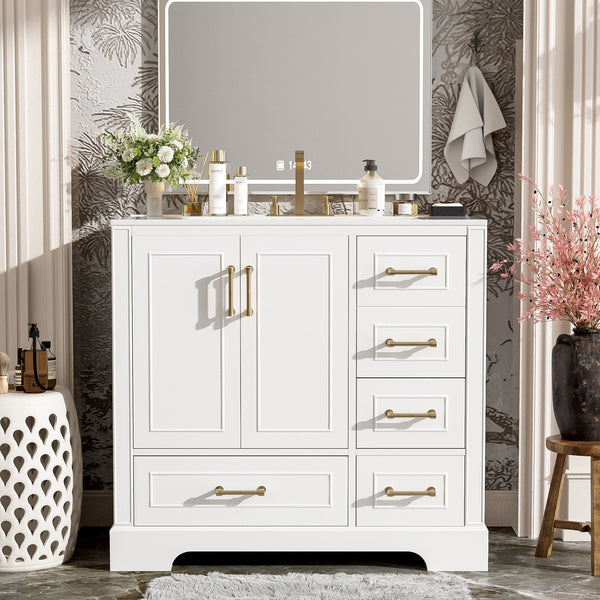 English Elm 36" Traditional Bathroom Vanity with Ceramic Sink, Solid Wood Cabinet, Soft-Close Doors & Drawers White N729P251630K