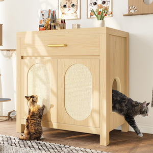 English Elm Cat Litter Box Cabinet with Sisal Doors Storage Drawer and Nightstand Surface N704P379111N