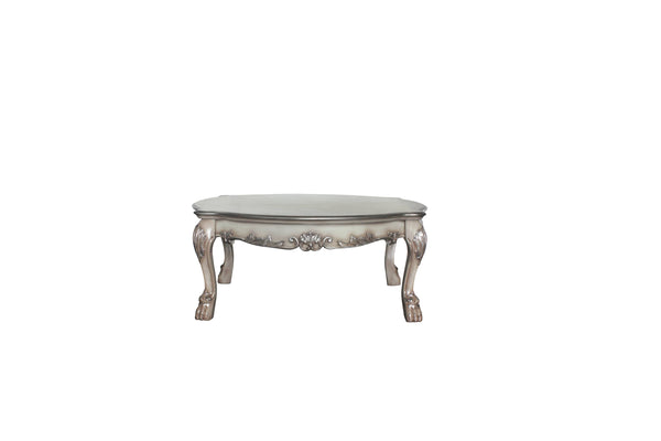 English Elm Dresden Vintage Bone White Resin Coffee Table with Two Felt-Lined Drawers and Scalloped Floral Trim Ivory 59 L x 50 W x 8 H B2726P281469