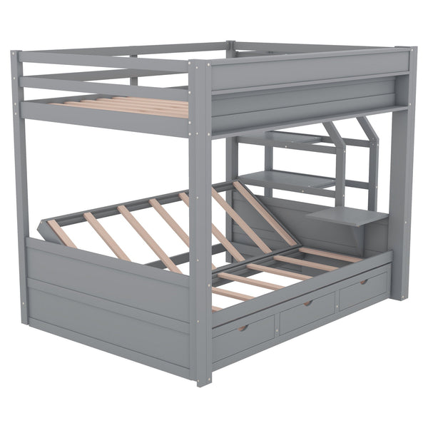 English Elm Wood Full Size Convertible Bunk Bed with Storage Staircase, Bedside Table and 3 Drawers, Gray - Space-Saving, Durable Design SM000335AAE